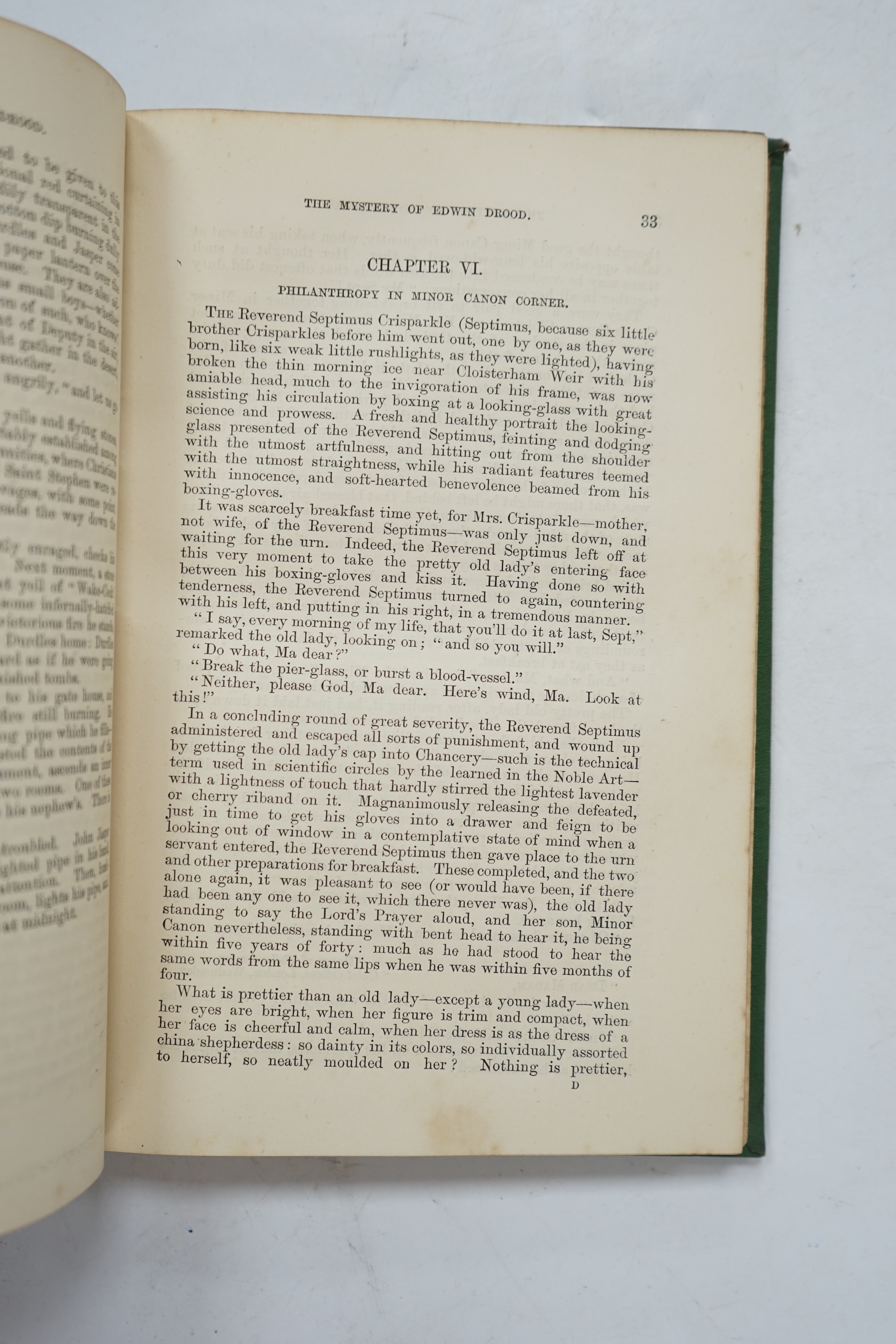 Dickens, Charles - The Mystery of Edwin Drood. 1st edition. engraved pictorial and printed titles, portrait frontis. and 12 plates (by S.L. Fildes), advert. leaf at end; near contemp. gilt decorated green cloth. 1870